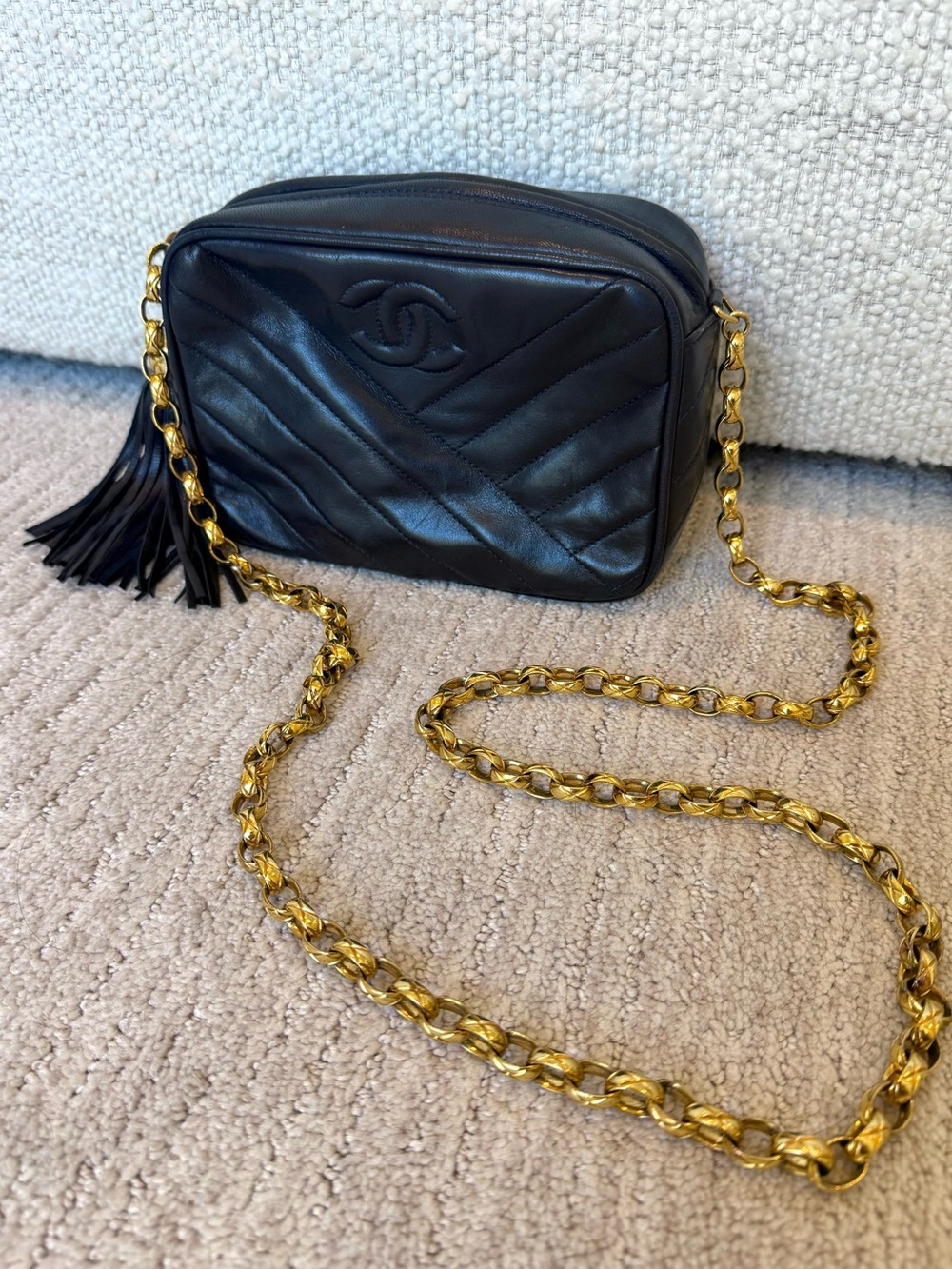 Vintage CHANEL Navy Quilted Crossbody Camera Bag with Gold Chain